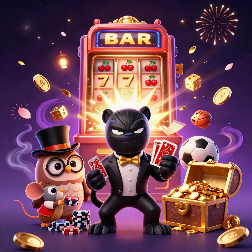 Panther, owl, and mouse celebrate amid slot reels, gold coins, and fireworks in a luxe casino burst