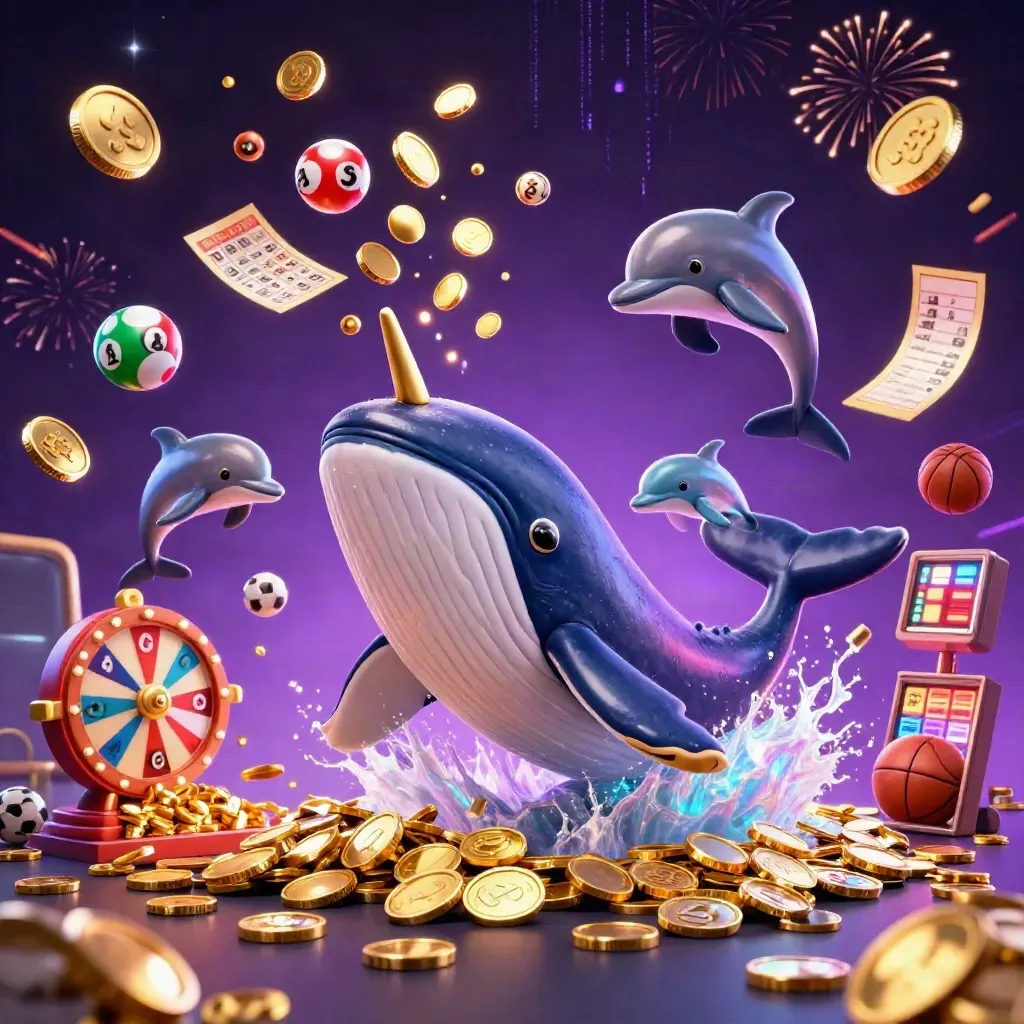 Whale captain, narwhal and dolphins burst through gold coins in a luxe neon casino scene.
