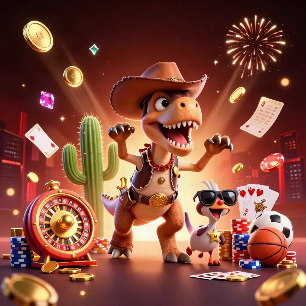 Cowboy T-Rex trio explodes with coins, chips, roulette wheel, sports betting icons and neon casino glow.