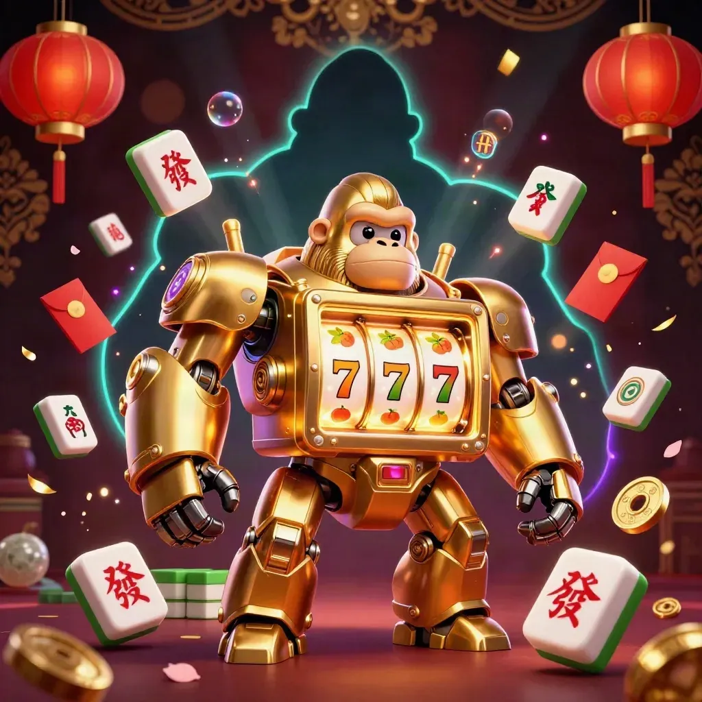Golden gorilla slot mech with tiny monkey pilot, jade coins, lanterns, and casino glow.