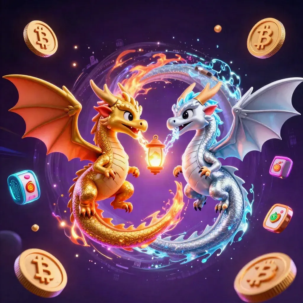 Twin gold and silver dragons spiral in a yin-yang blaze with coins, reels, and lightning.