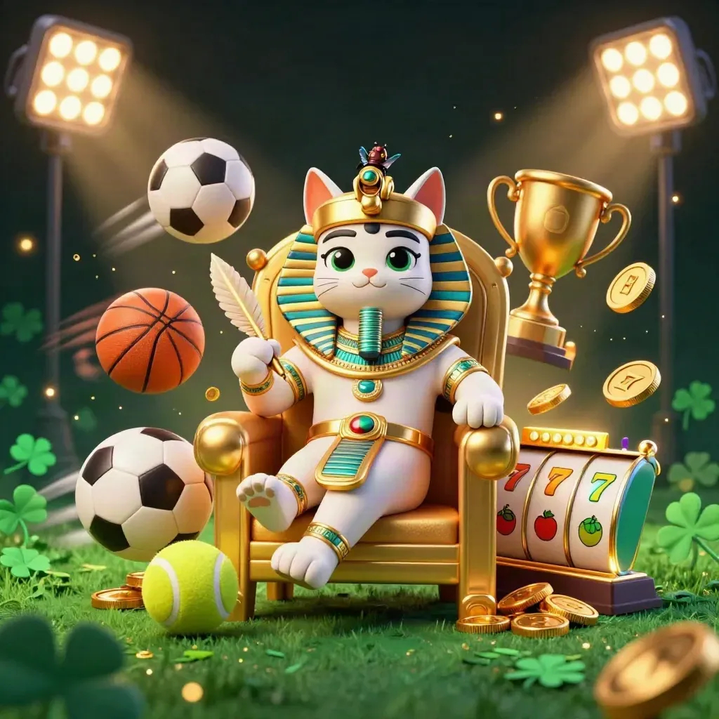 Pharaoh cat on throne with ibis scribe, scarabs, sports balls, coins and casino glow.