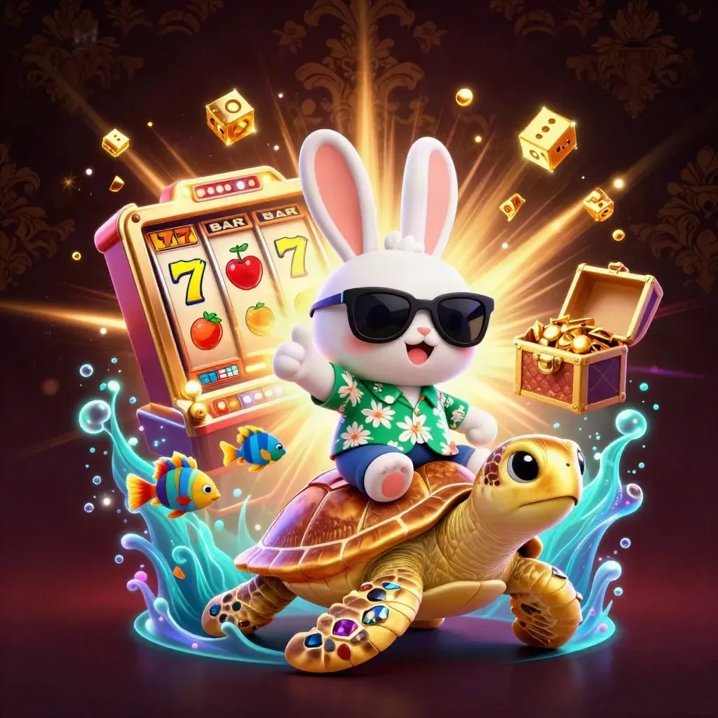 Lucky rabbit rides a gold turtle amid casino symbols, treasure, and glowing underwater effects.