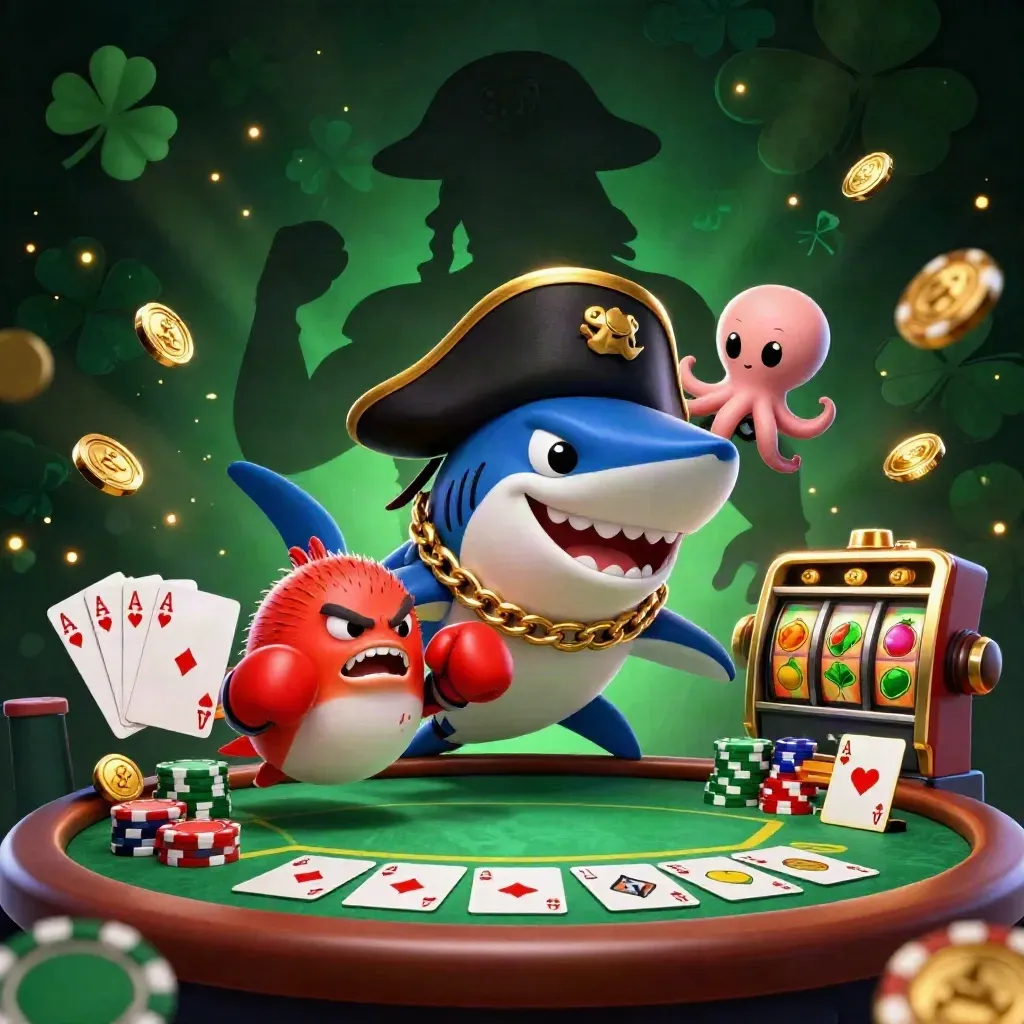 Pirate shark, boxing pufferfish, and coin-juggling octopus amid casino chips and slot reels.