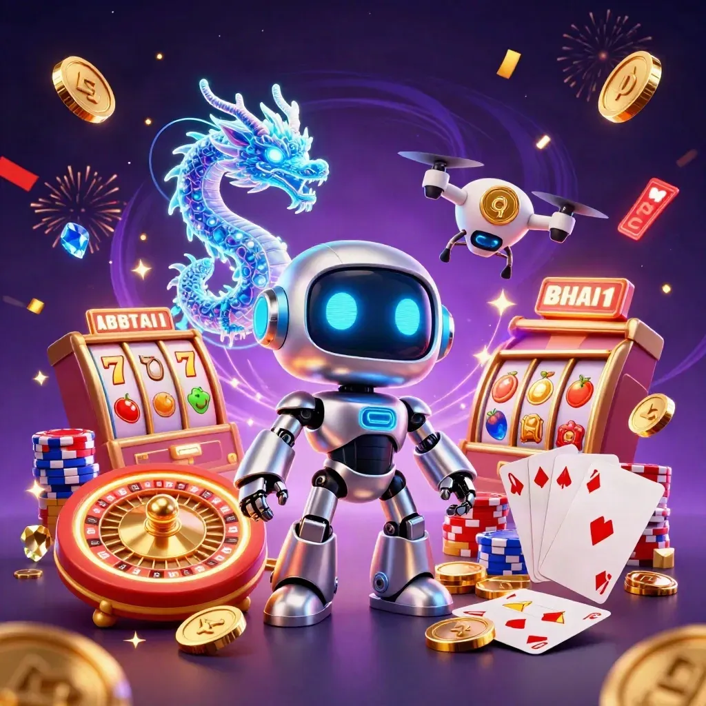 Cyberpunk robot, holographic dragon and coin drone amid casino coins, cards, chips and roulette.