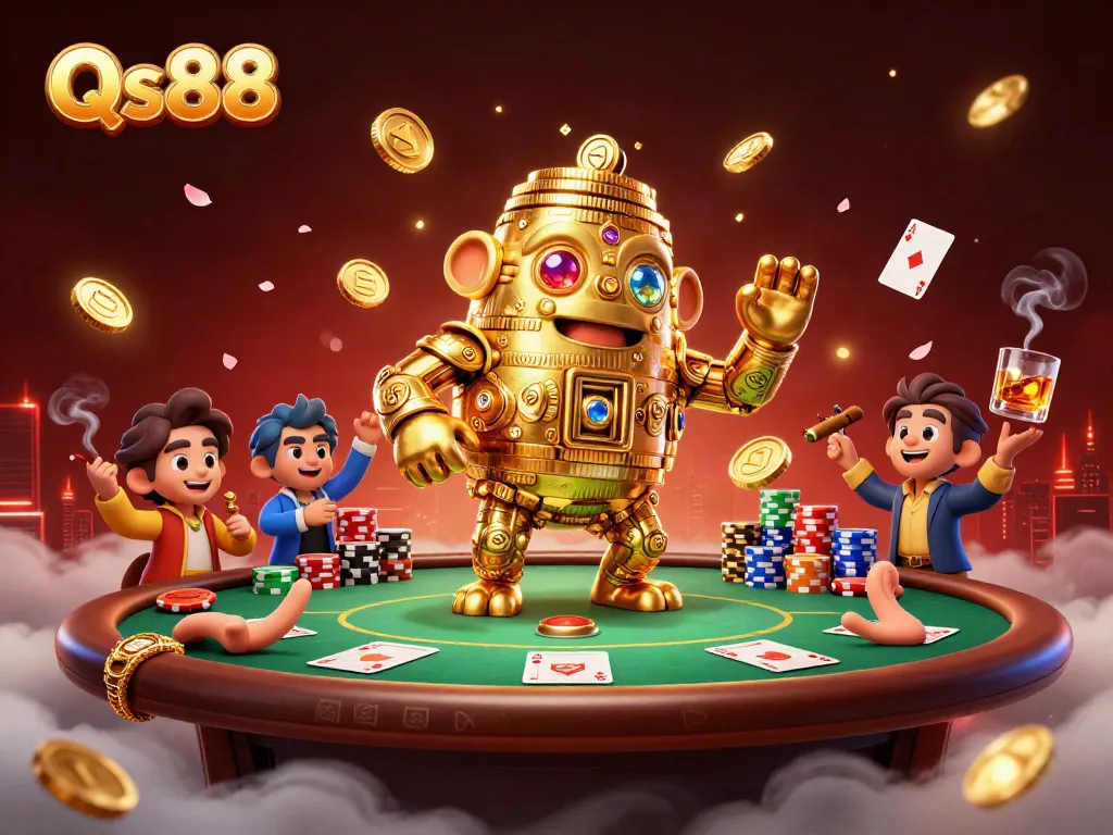 Engage with the dynamic Qs88 casino experience featuring a golden golem and vibrant poker scene.