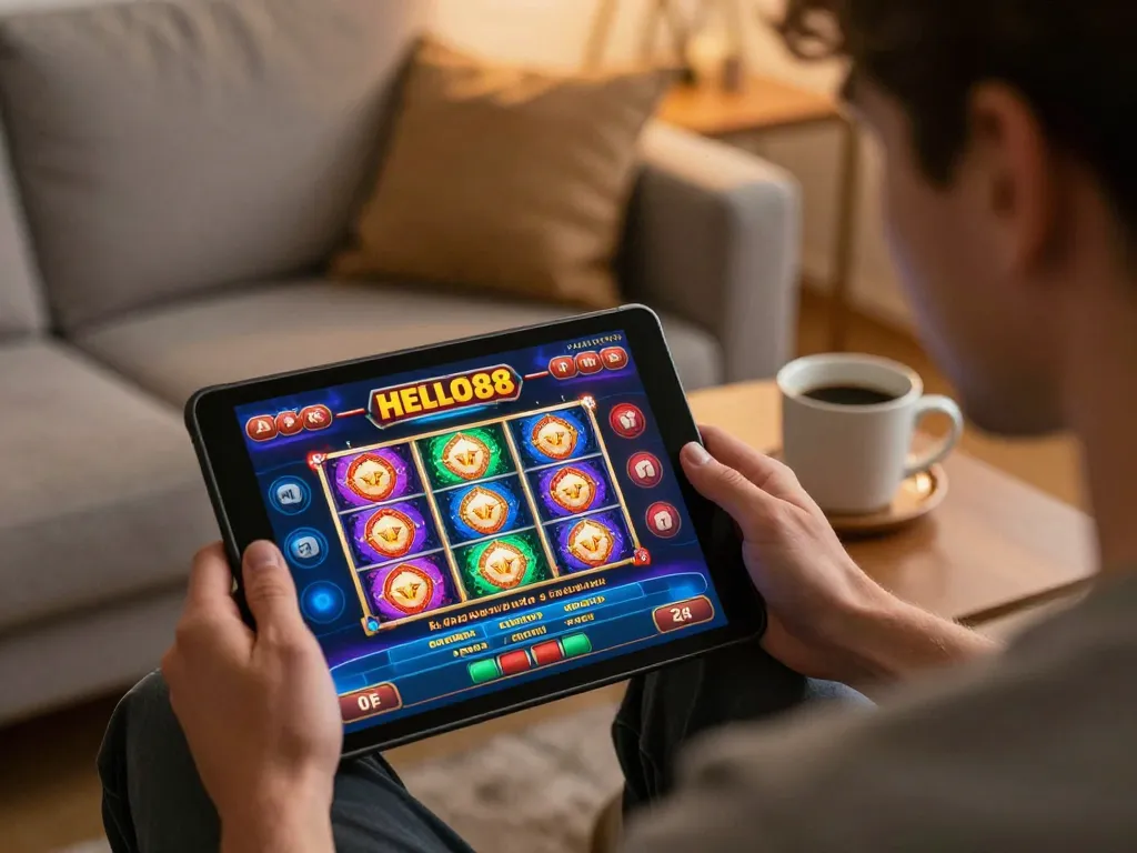 Engaging player exploring HELLO88's online casino gaming on tablet in a cozy home setting
