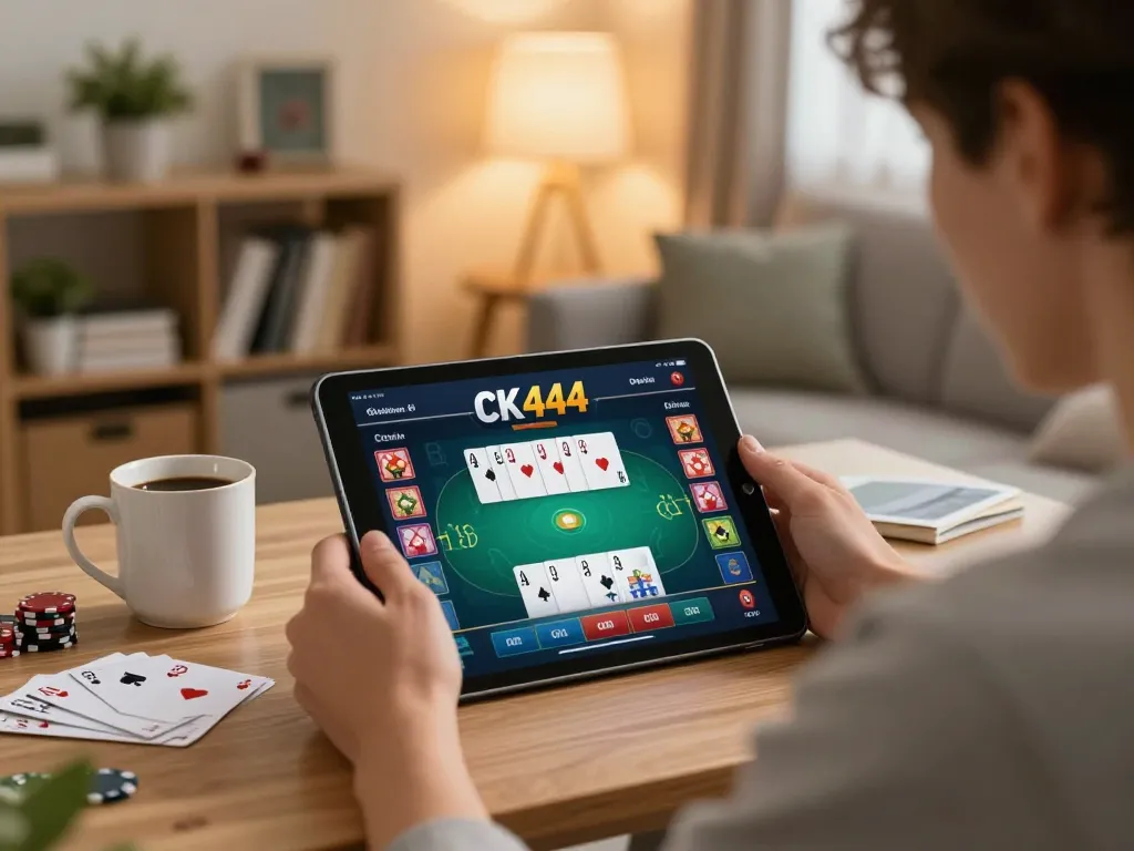 Player enjoying CK444 mobile casino app in a cozy living room, focusing on poker gameplay strategy.