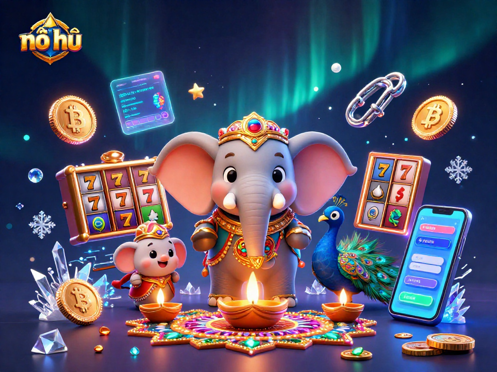 Play nổ hũ with vibrant slot elements and crypto coins in a captivating 3D scene.