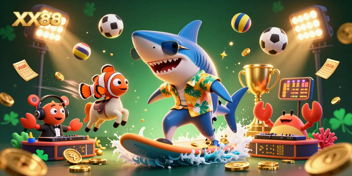 Experience the excitement of betting with XX88, highlighted by a vibrant shark surfing on gold coins.