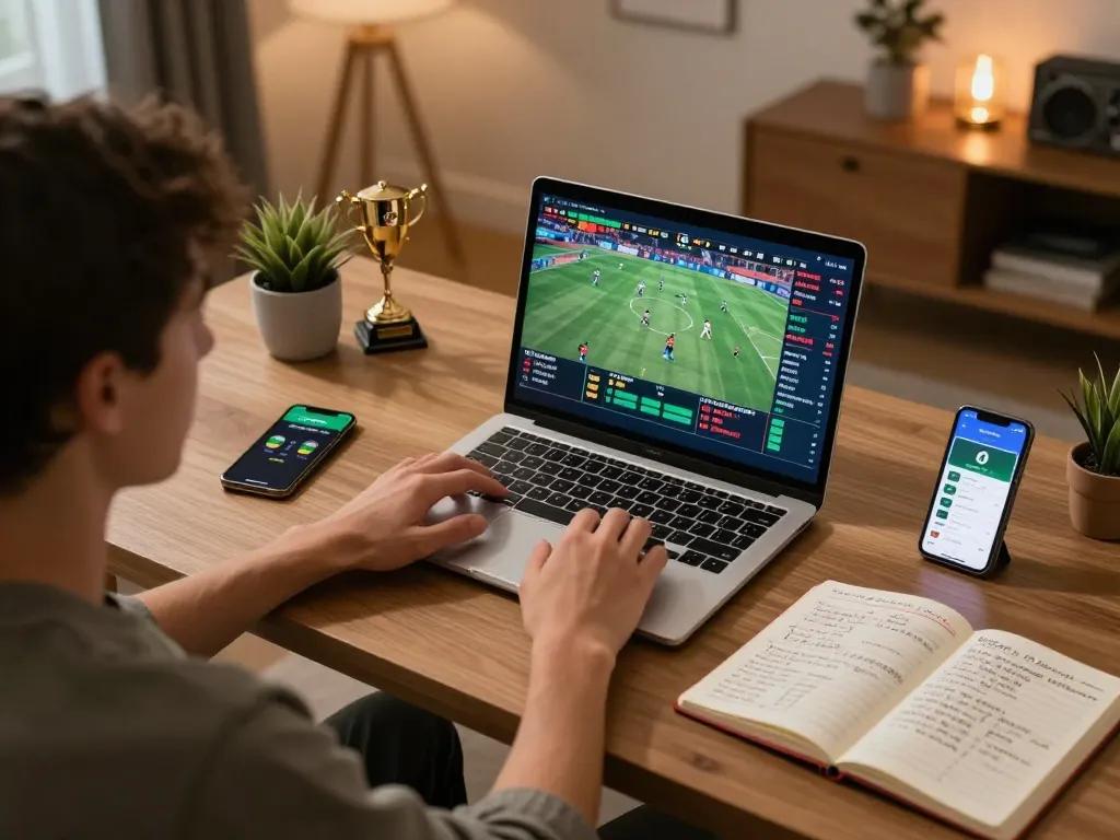 Online betting with 79king on a laptop, showcasing sports events and strategies in a cozy atmosphere.