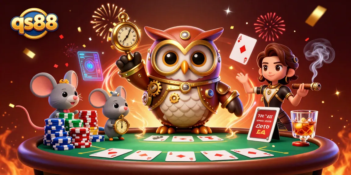 Engage with the thrilling world of qs88 casino games featuring an owl and mouse in a vibrant steampunk scene.