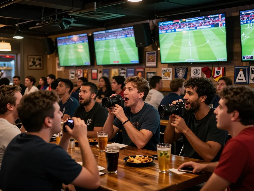 Engaged fans at a sports bar viewing live ดูบอล matches, excitement filled the atmosphere with drinks in hand.