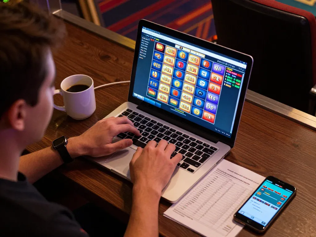 Engaging scene of online gaming on 13win with colorful slots interface and warm environment