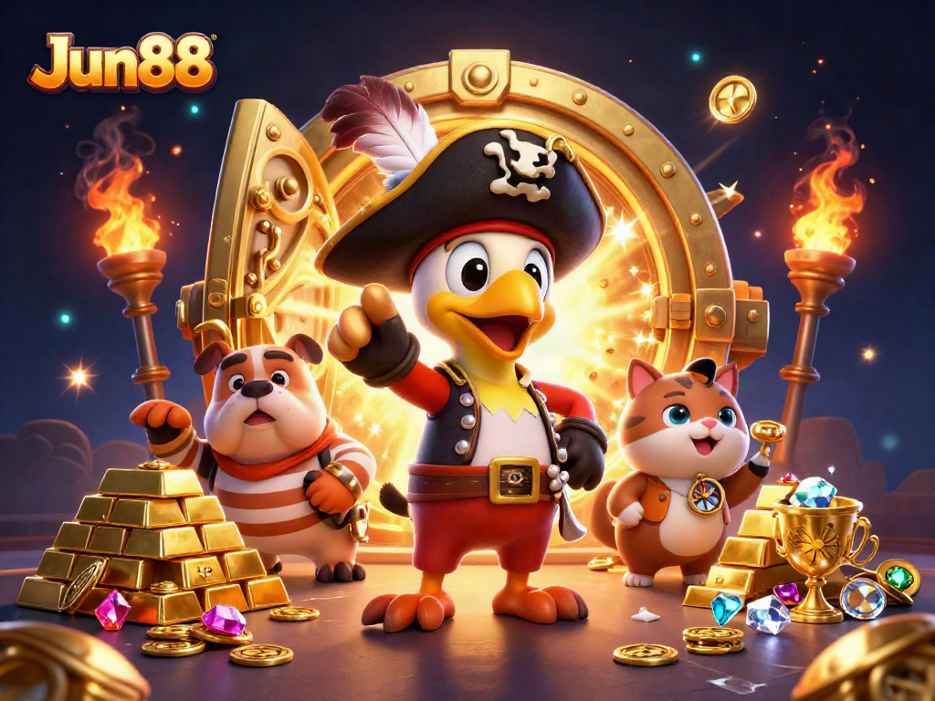 Experience thrilling wins with Jun88 in a vibrant pirate-themed casino scene.