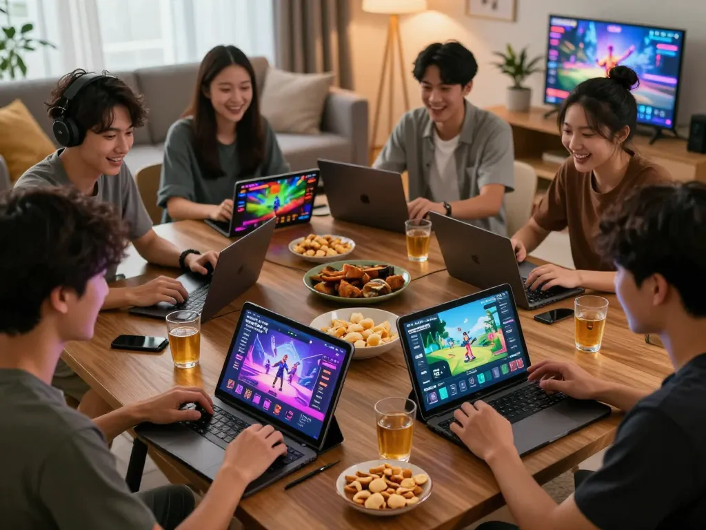 Friends enjoying an online gaming session on Sunwin platform with engaging interfaces and snacks.