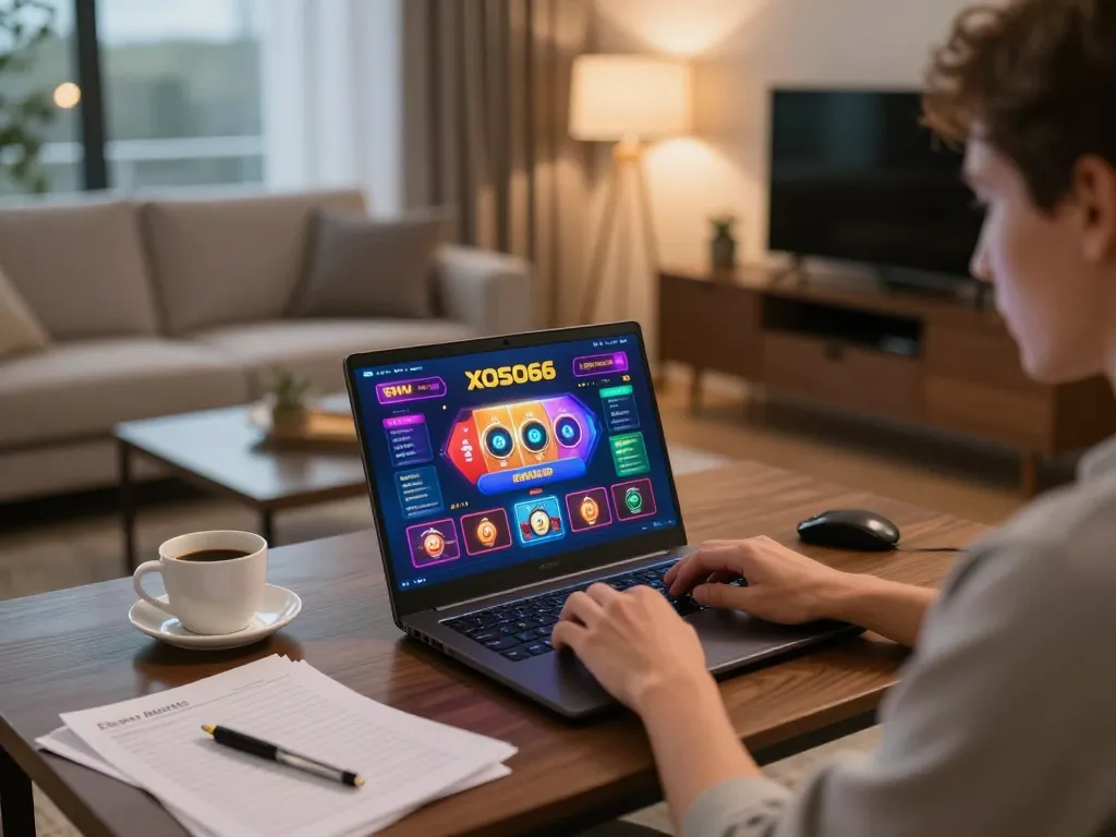 Xoso66 player engaging in online gaming from a cozy home setup, showcasing responsible gambling