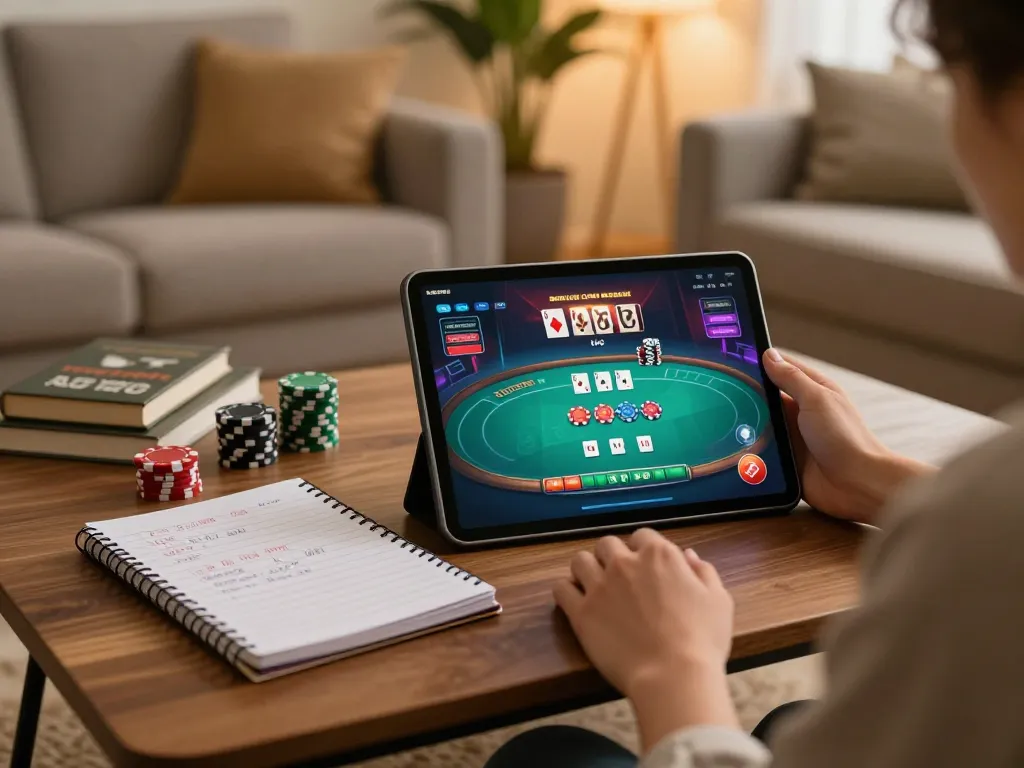 Engaged player using okking casino app on tablet with strategic notes.
