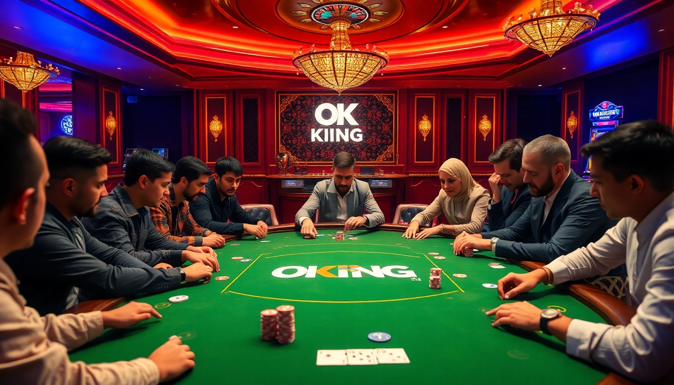 Experience the thrill of OKKING casino with players enjoying high-stakes poker amid vibrant decor.