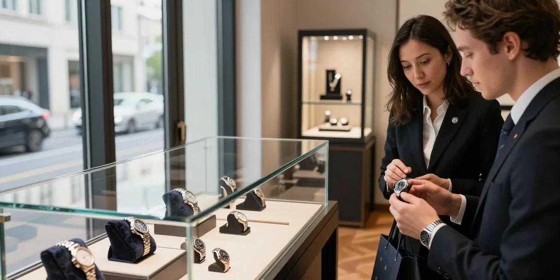 Replica watches showcased in elegant boutique, showcasing luxury and craftsmanship.