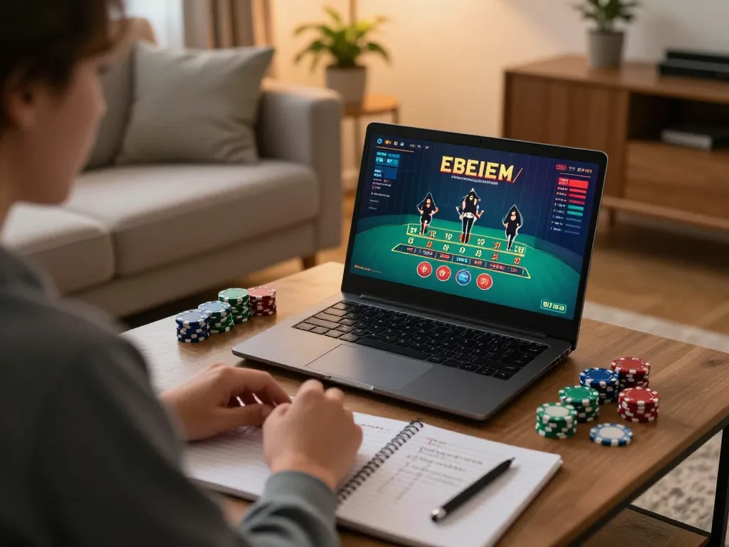 DOLA789 player engaged in online gaming with laptop displaying live blackjack.