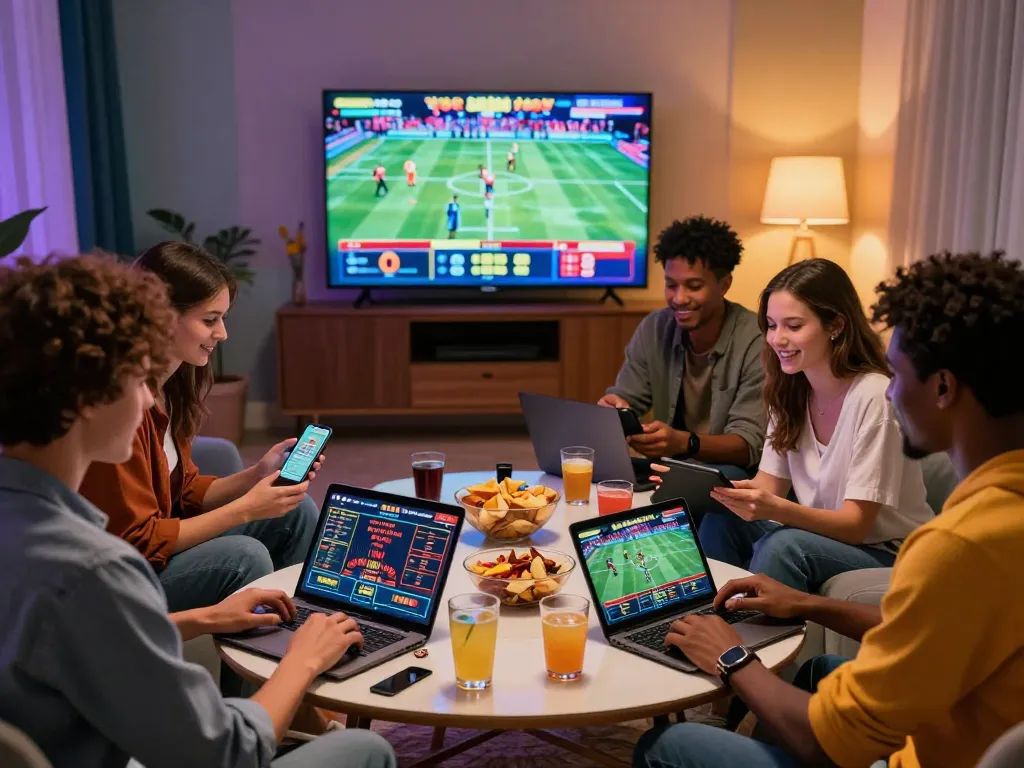 Exciting online gambling scene with friends enjoying O8 games on multiple devices in a vibrant living room setting.