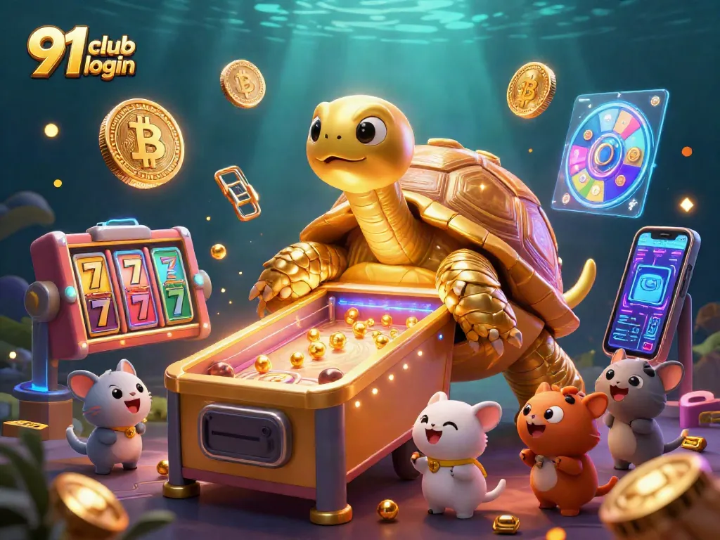 Engage in thrilling gameplay with the 91 club login, showcasing vibrant slot reels and golden tortoise.
