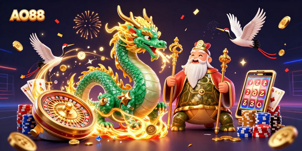 Engage in thrilling AO88 gaming with a jade dragon and captivating casino elements.