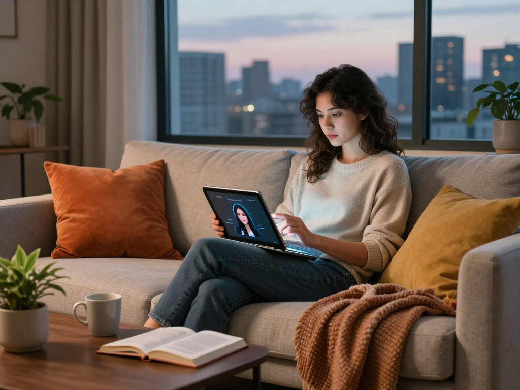 Engaging with an AI girlfriend on a tablet in a cozy modern living space.