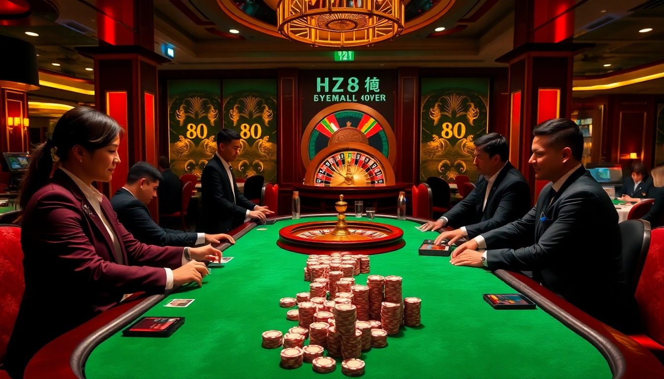 Playing at the luxurious hz88 casino with professional dealers and vibrant poker tables.