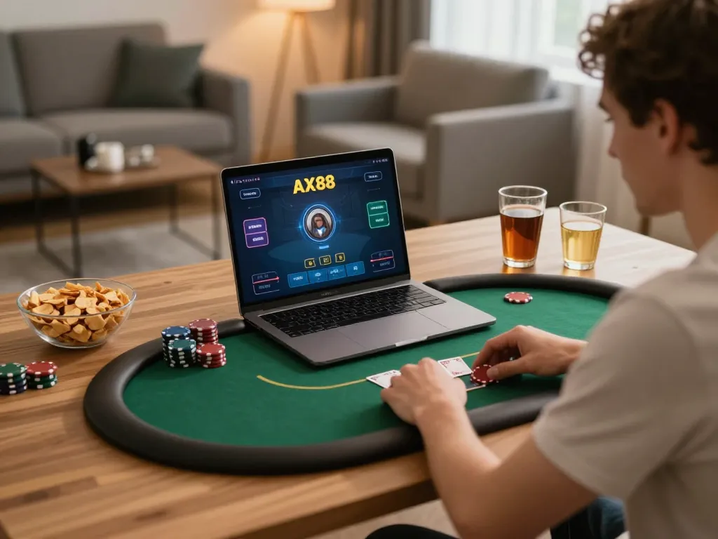 Player enjoying online poker on AX88 with laptop, creating a cozy home gaming experience.