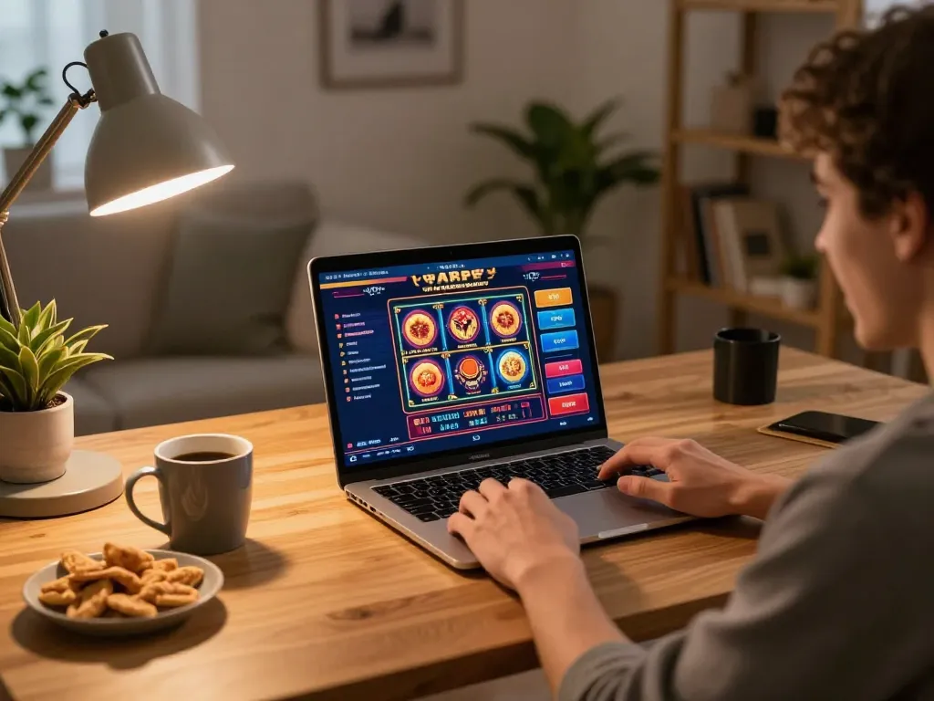 Engaging in an Online Casino game with vibrant slots displayed on laptop