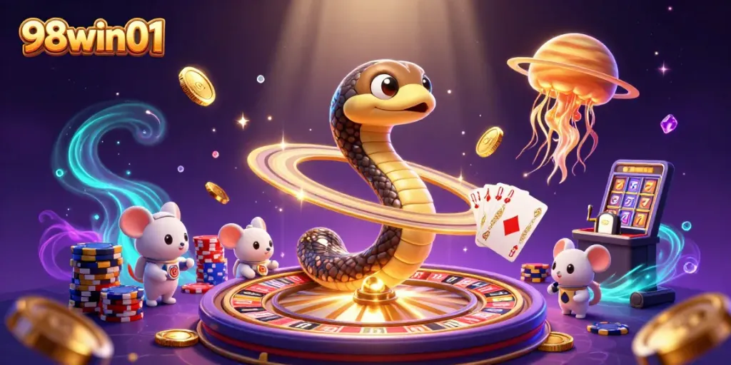 Experience exciting bets with 98win01 at the cosmic roulette in an imaginative 3D casino scene.