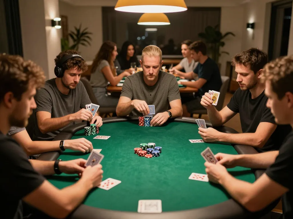 Experience thrilling gameplay at 8EEE poker night with friends, showcasing competitive spirits and vibrant decor