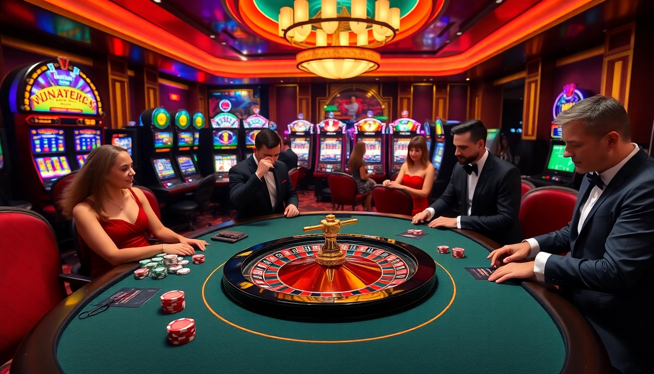 Engaged gamblers enjoying thrilling gameplay at a vibrant NK88 casino table with roulette and poker chips.