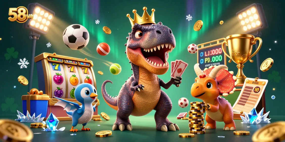 58WIN features a friendly T-Rex and playful characters enjoying a vibrant casino atmosphere with slot games.