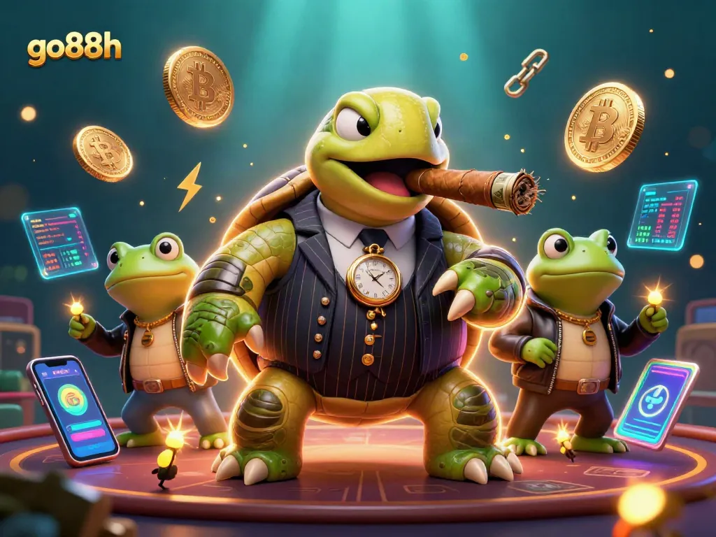 Engage with go88h at a vibrant casino scene featuring a snapping turtle and bullfrogs surrounded by crypto elements.