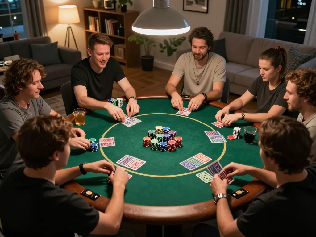 Players engaging in a friendly poker game at home, showcasing strategic gameplay with Hello88.