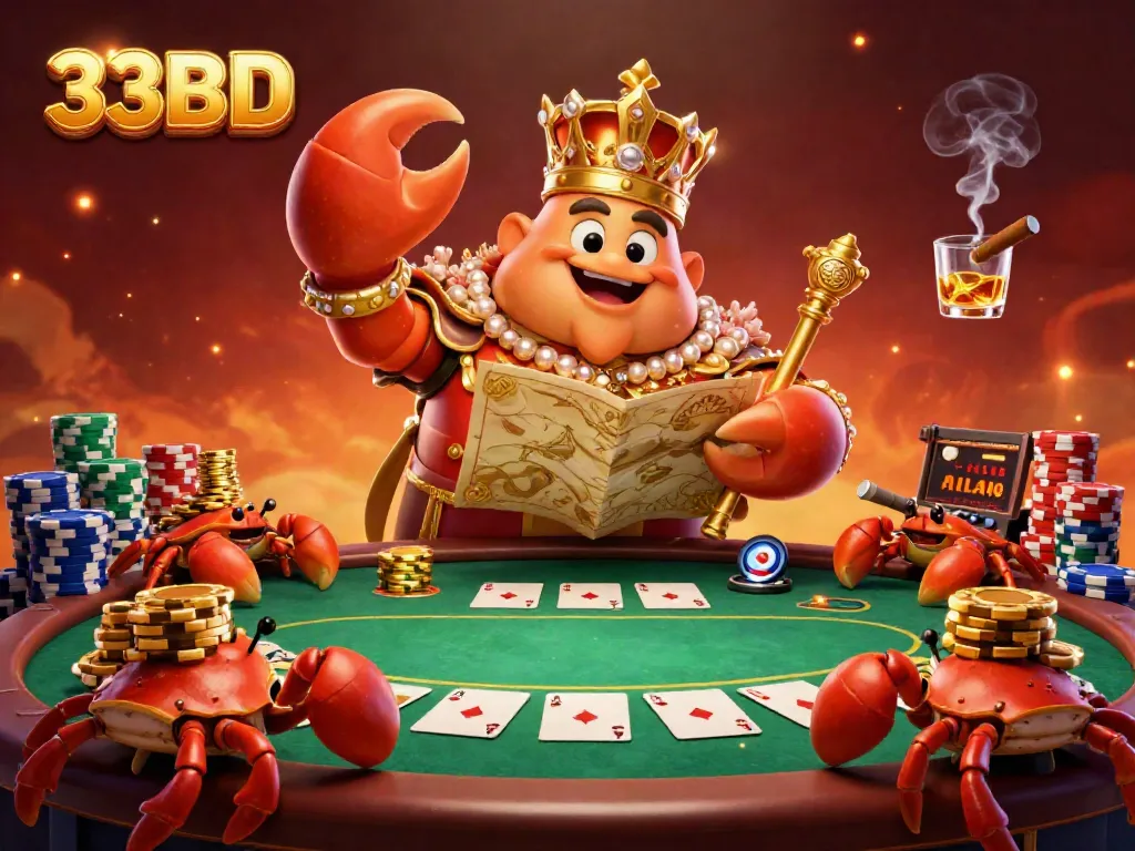 Engage in thrilling poker at 33BD, with vibrant gaming elements and a regal crab character.