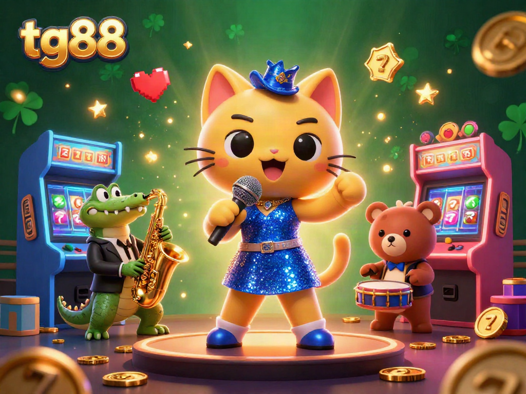 Engage with tg88 in a vibrant online casino scene featuring a jazzy cat, crocodile, and bear.