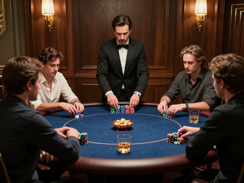 Players strategizing in a luxurious poker game setting, highlighting mb66 gambling strategies for winning
