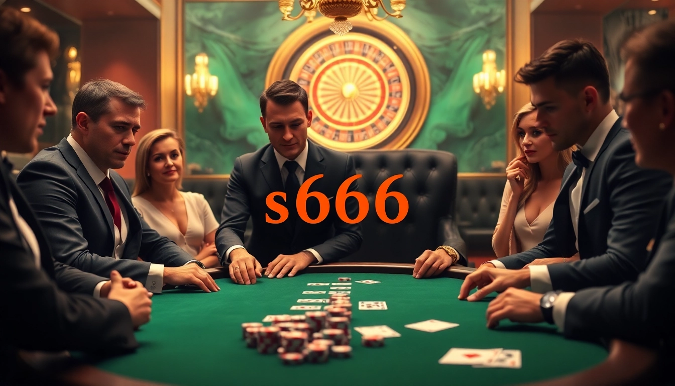 Players strategizing at a professional poker table in a luxury casino environment, emphasizing s666.