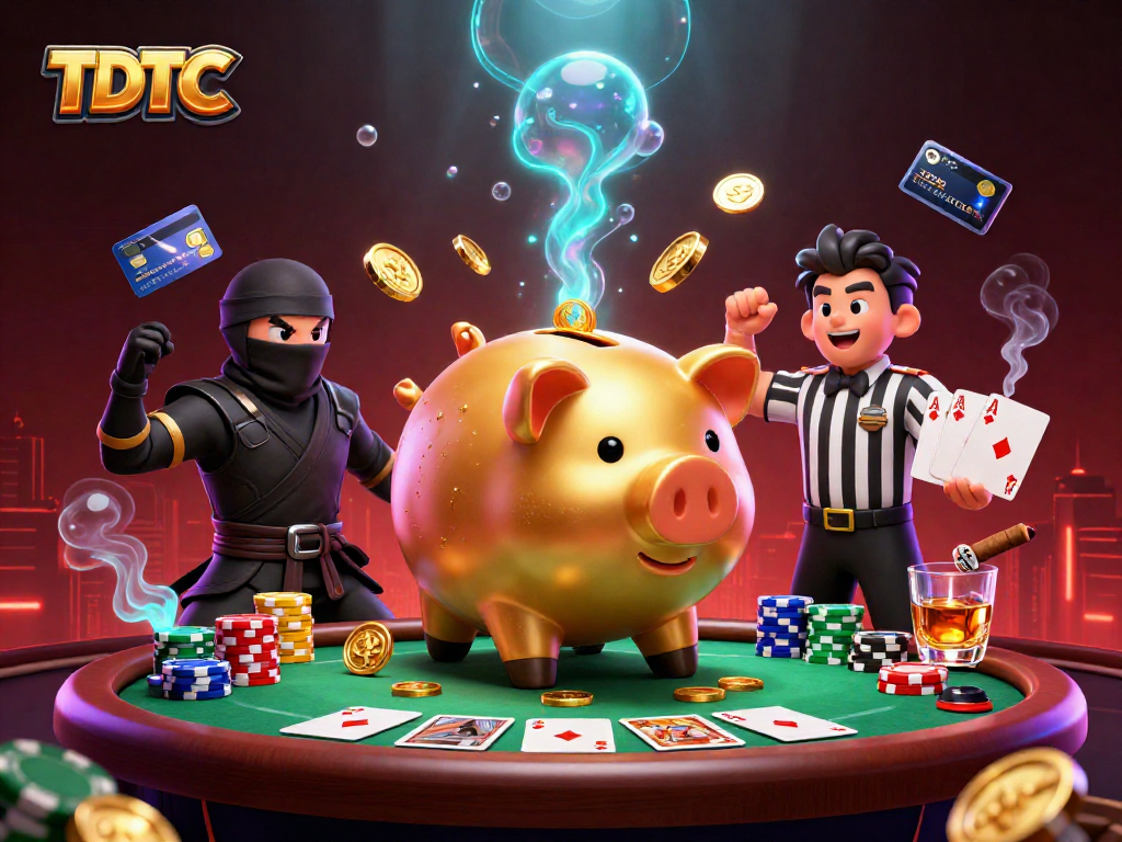 Engage with TDTC in this vibrant casino-themed illustration featuring dynamic character actions and game elements.
