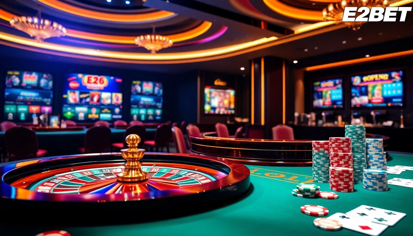 E2BET betting experience with vibrant roulette and poker scenes showcasing high-quality gaming.