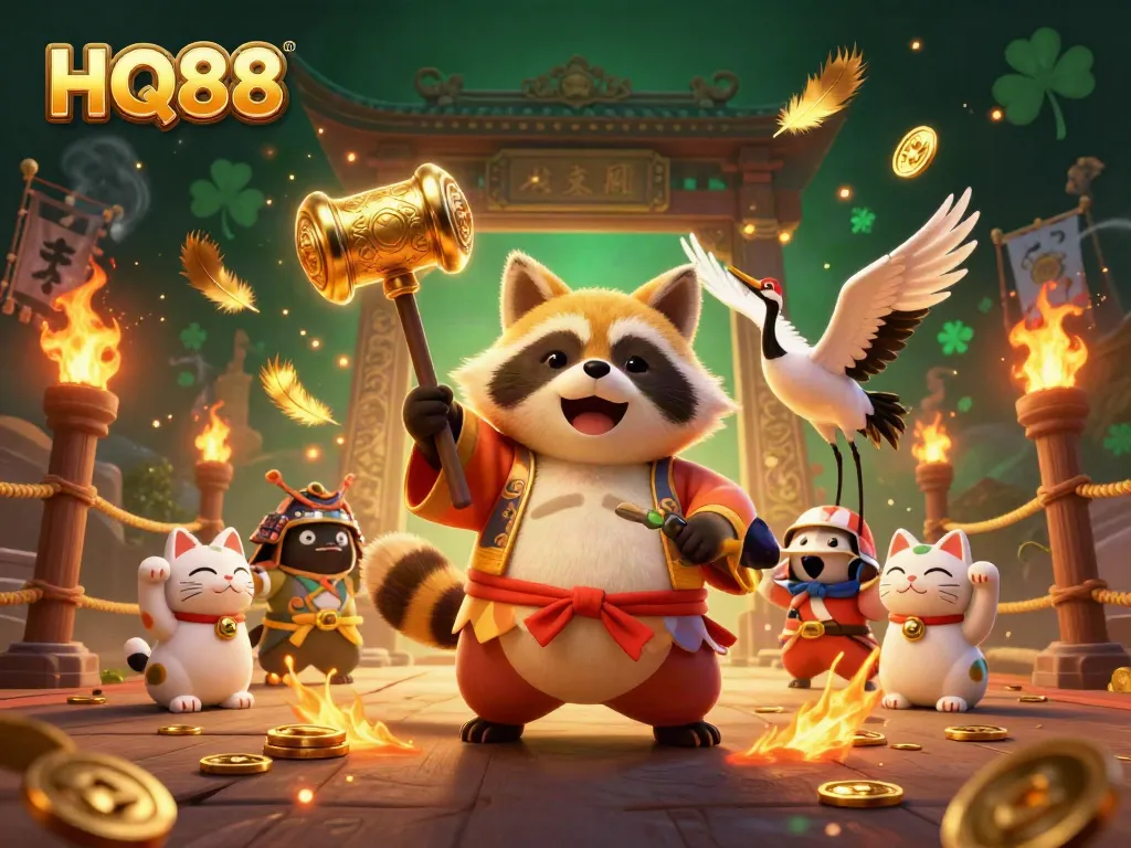 Engage with HQ88 through a vibrant illustration of a cheerful tanuki, symbolic of luck in gambling.