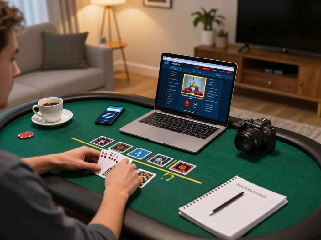 Player engaged in online blackjack at home, strategizing bankroll management with GO99.