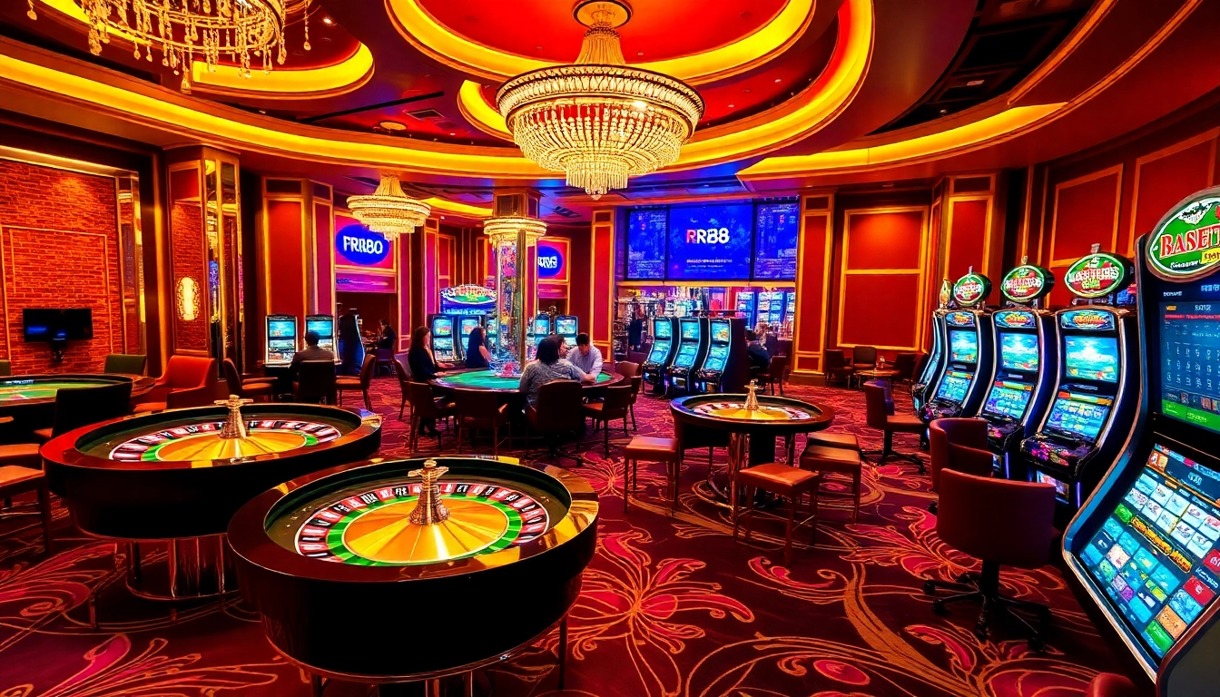 Experience RR88's luxurious casino atmosphere with engaging gaming tables and vibrant slot machines.