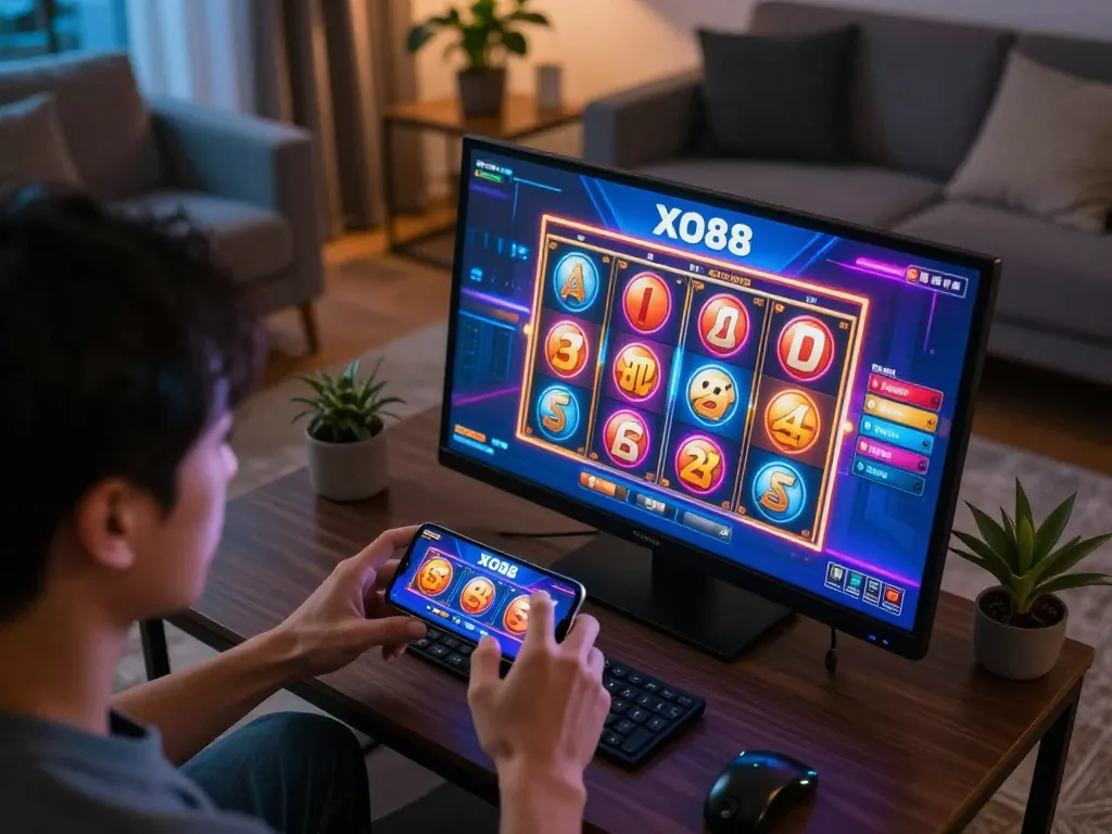 Engaging in mobile gaming at XO88 while enjoying cozy home environment.