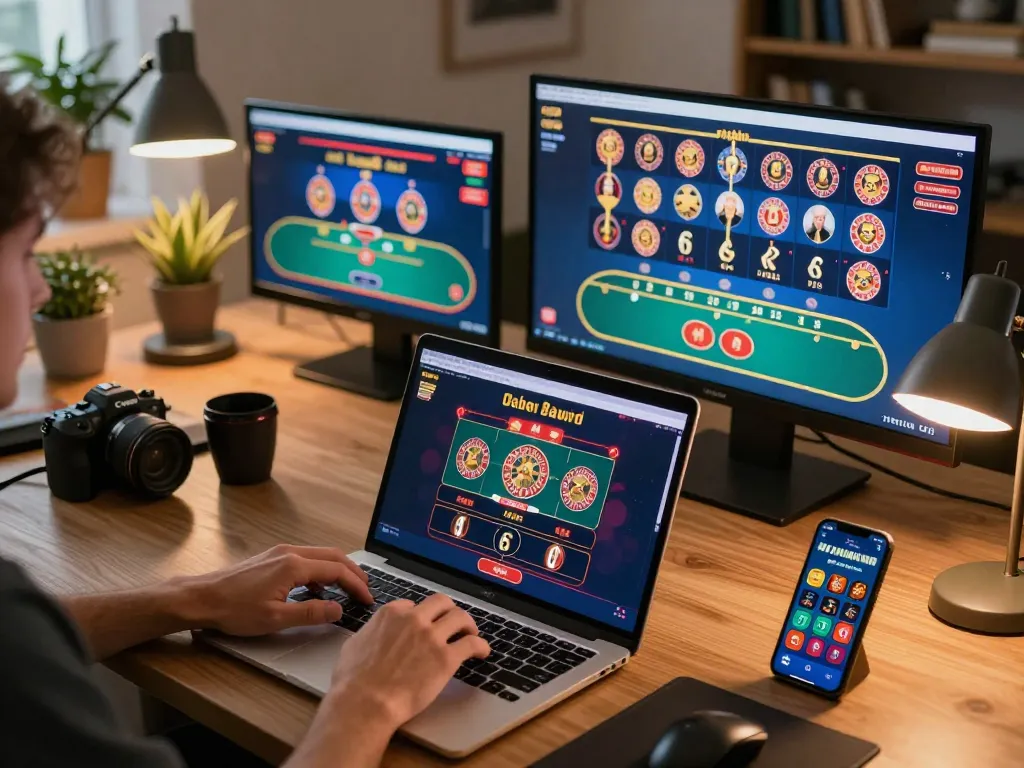 Engaged player strategizing for giải mã số học while using multiple devices in an online casino setup.