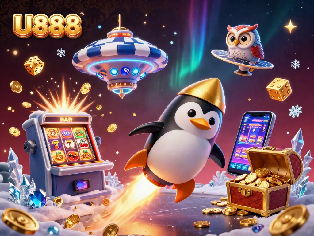 Win big with U888 in a vibrant, dynamic casino-themed 3D illustration featuring exciting game elements.
